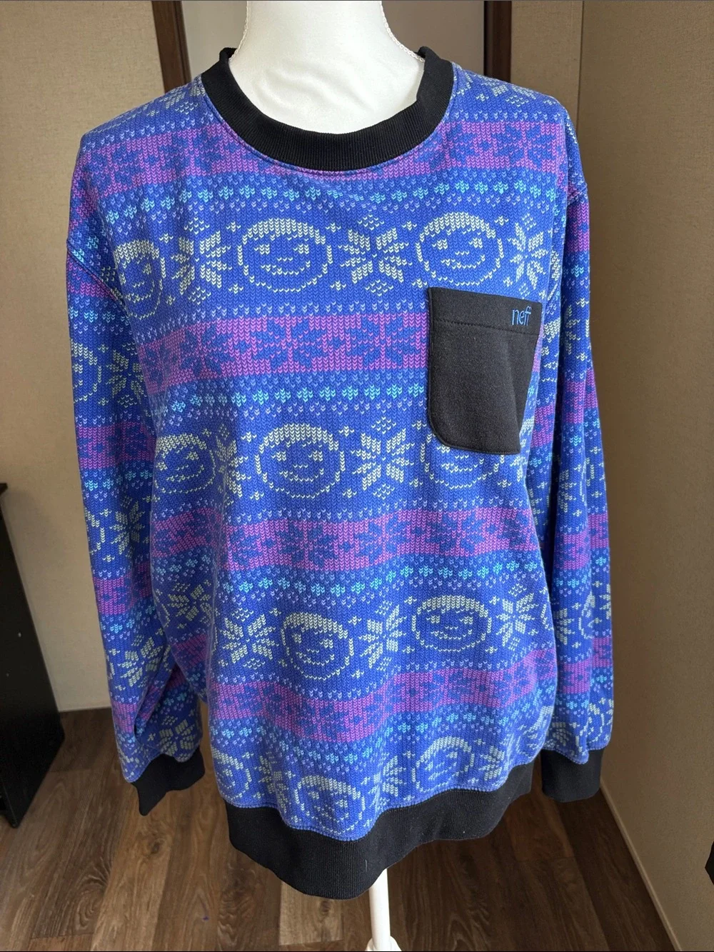 Neff Blue Fair Isle Crewneck Sweatshirt Front Pocket Streetwear Ski Medium